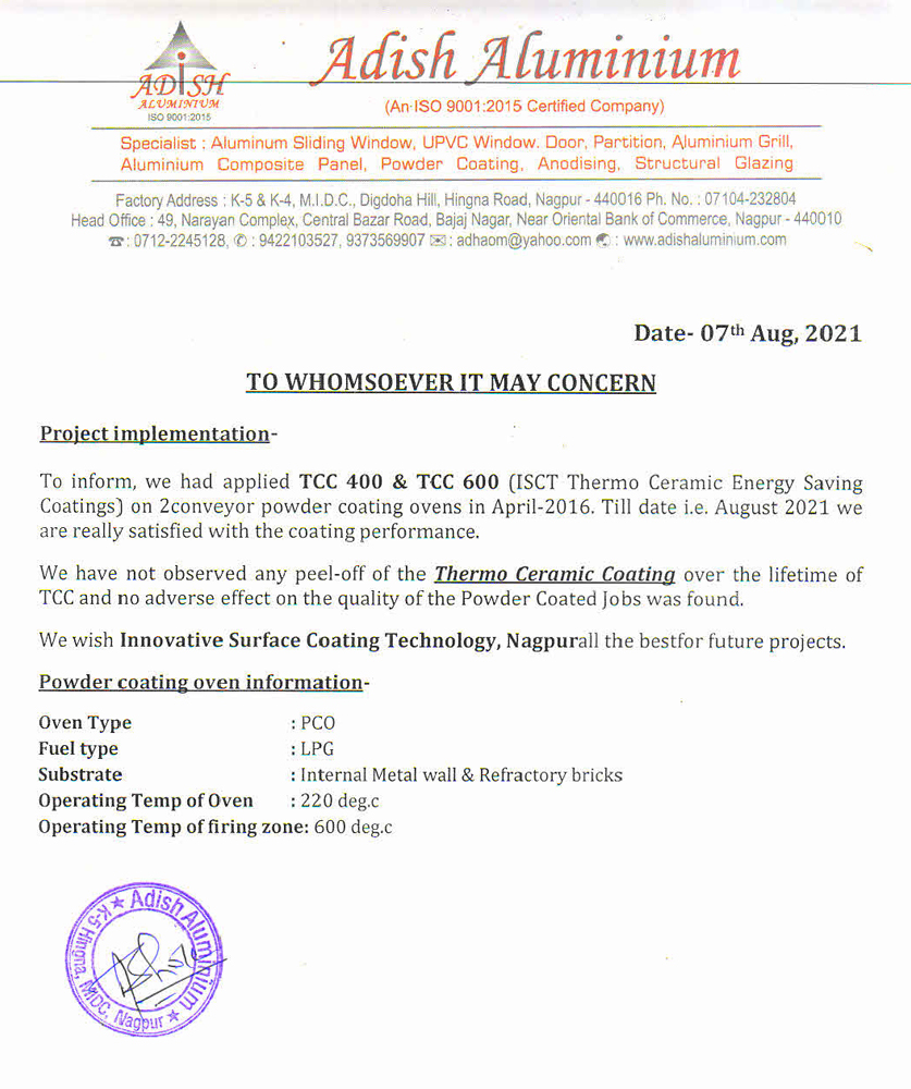 Appreciation letter from Adish Aluminium