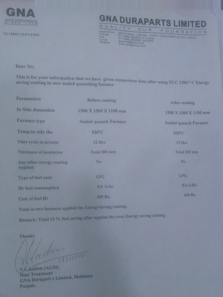 Appreciation letter from GNA Duraparts Limited