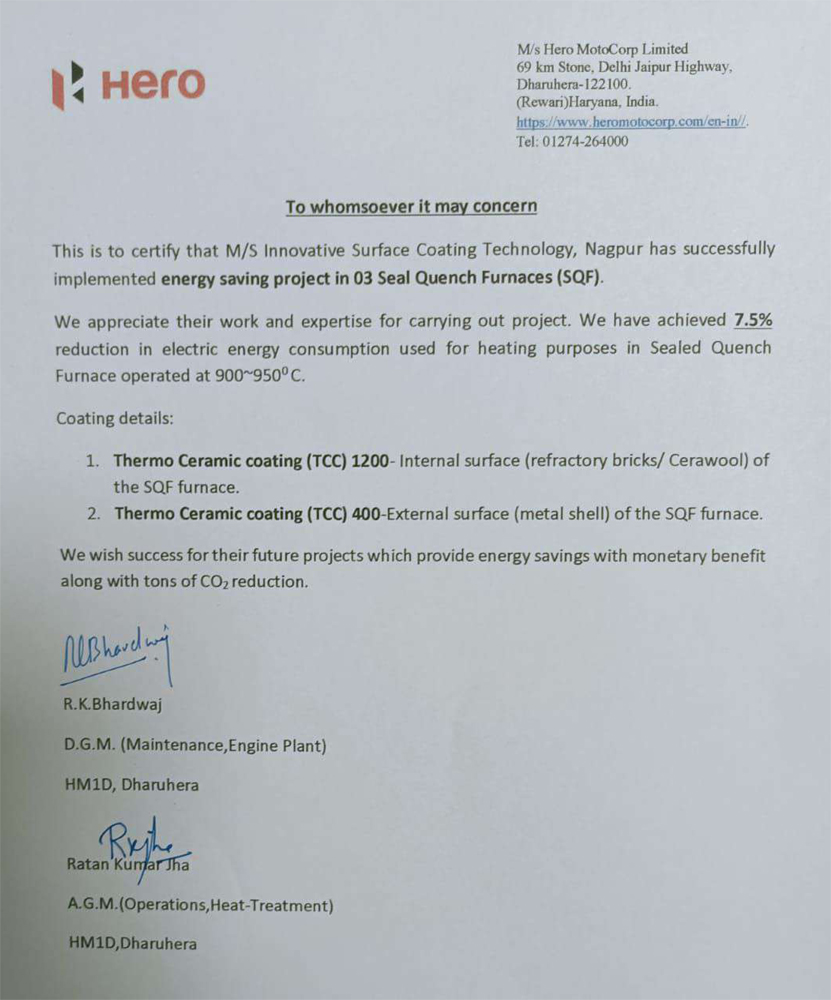 Appreciation letter from Hero MotoCorp