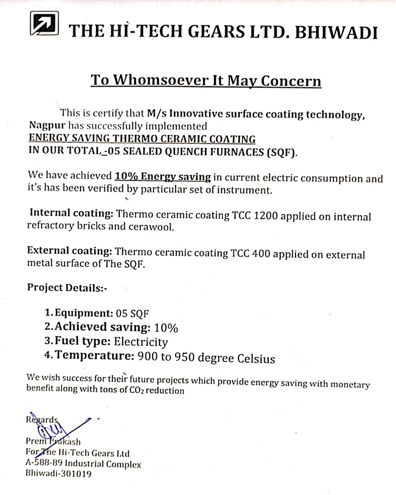 Appreciation letter from Hi-Tech Gears Ltd