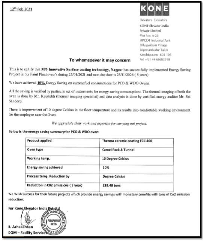 Appreciation letter from KONE Elevator India