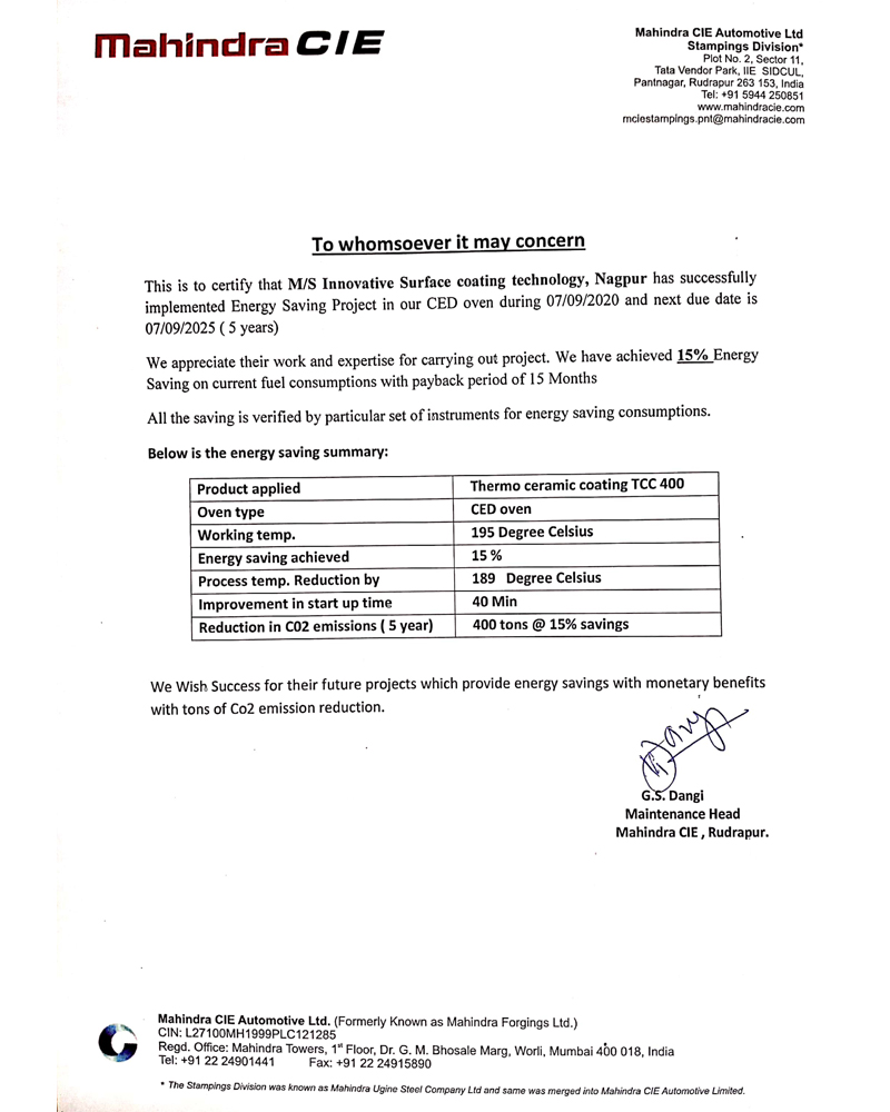 Appreciation letter from Mahindra CIE Automotive